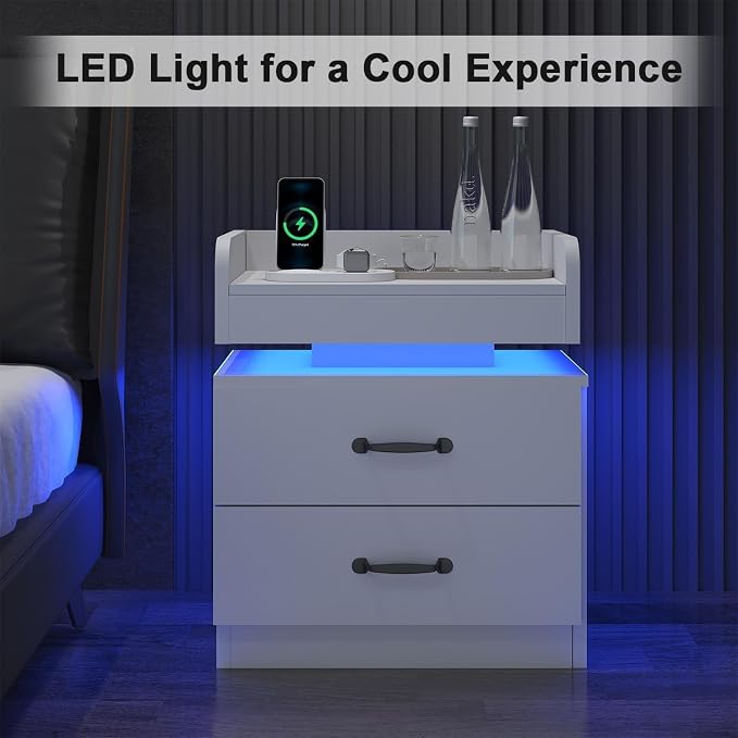 4ever2buy White Nightstand with Charging Station and LED Lights Modern Bedside Table with 2 Drawers End Table for Bedroom - Image 3
