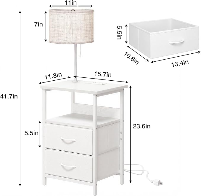 Fixwal Night Stand with 3 Color Temperature Bulb Attached, Nightstand with Light & Charging Station End Table with Fabric Drawer for Bedroom, Dorm, White - Image 3