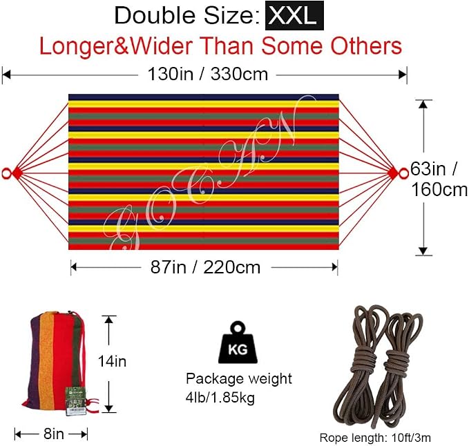 GOCAN Brazilian Double Hammock 2 Person Extra Large 220x160cm Total Length 330cm Load 500lb Canvas Cotton Hammock for Patio Porch Garden Backyard Lounging Outdoor and Indoor(Rainbow) XXL - Image 3
