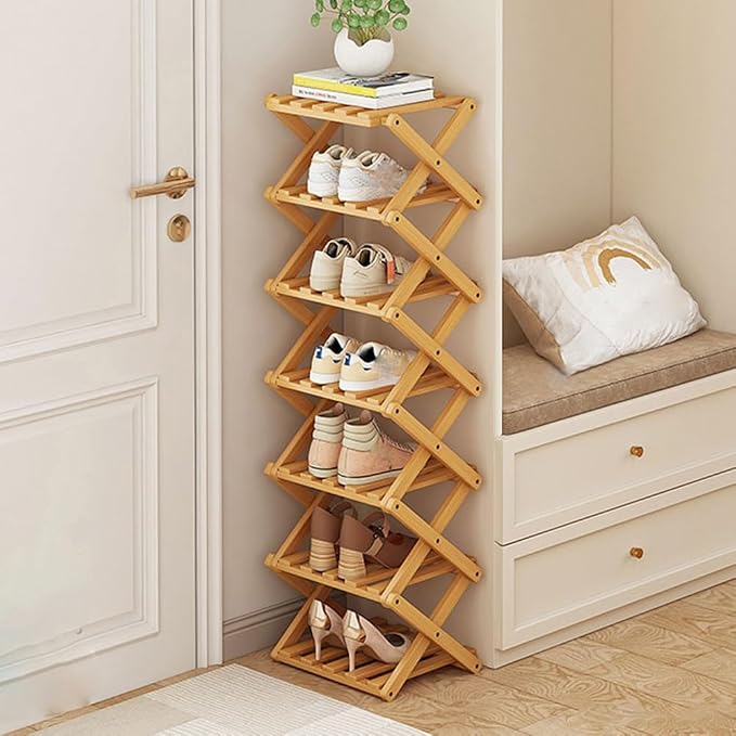 YYW Shoe Rack, Foldable Bamboo Shoes Shelf, Freestanding Shoe Storage Organiser for Entryway, Hallway, Bedroom, Closet (Wood Color, 7 Layers) by YYW