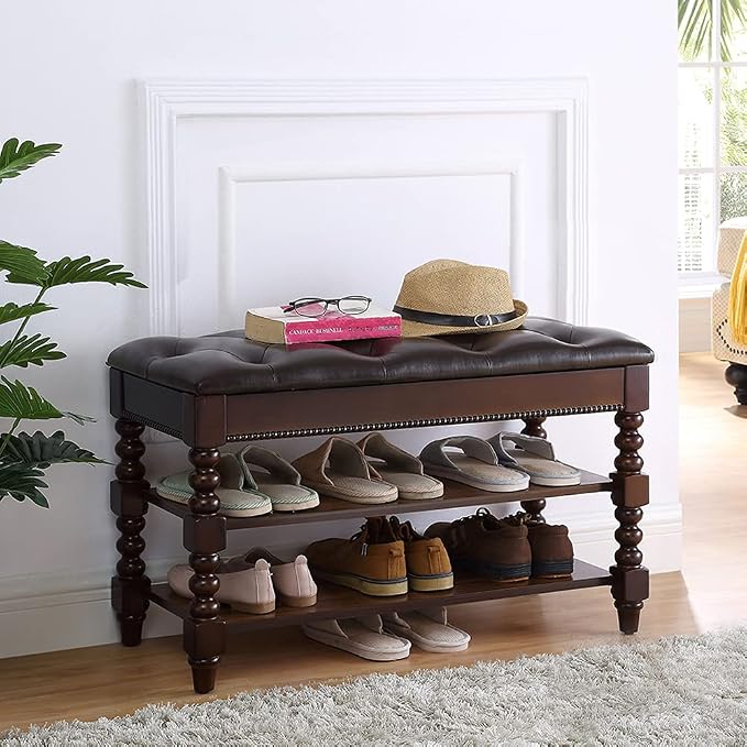 LEILISI Shoe Bench, Wood Storage Bench with Cushion Seat, Shoe Rack with Hidden Storage Space for Entryway Living Room Bedroom Hallway (Walnut, 31.5'') - Image 4