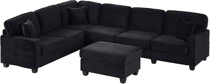125.2" Sectional Sofa U-Shaped Upholstered Sofa L-Shaped Couch with a Movable Ottoman and Side Storage Pockets for Living Room, Black