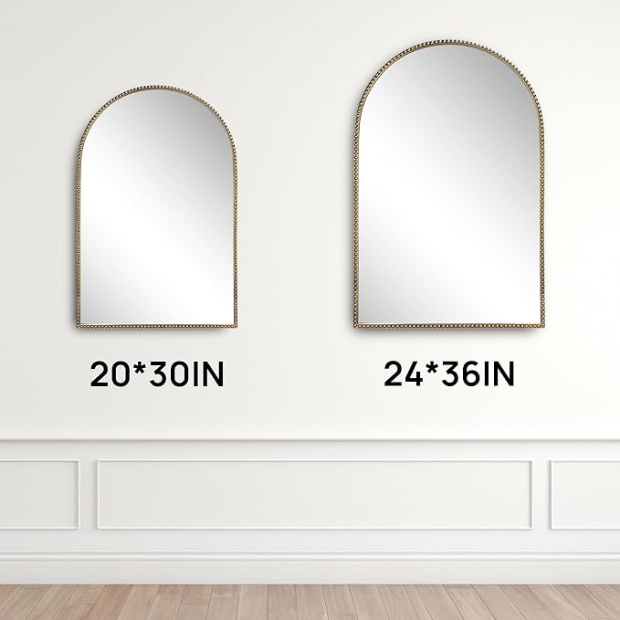 Antique Gold 24"x36" Arched Wall Mirror with Metal Beaded Frame - Decorative Accent Wall Mirror for Bathroom, Bedroom, Living Room, Entryway - Image 2