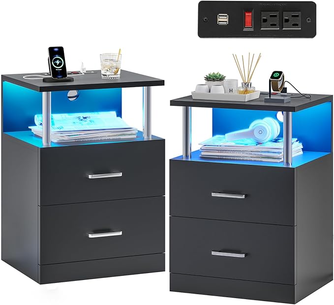 VIAGDO Black Nightstand Set of 2 with Charging Station and USB Ports, LED Night Stand with 2 Drawers, Modern End Side Tables with Open Storage, Bedside Tables for Bedroom, Office by VIAGDO