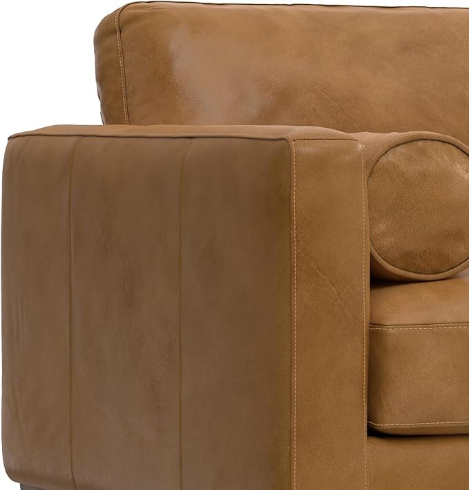 SIMPLIHOME Morrison Arm Chair - 42 inch Wide Upholstered Genuine Leather Mid-Century Modern Accent Chair in Sienna with Solid Wood Legs, Reversible Bolster Pillows and Reclined Back