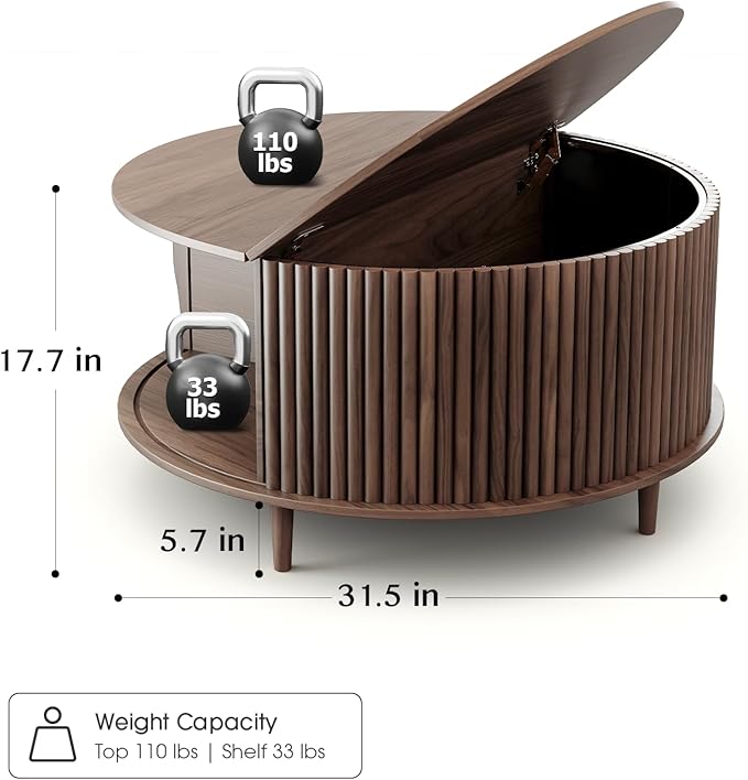 Round Coffee Table with Storage, 31.5" Walnut Wood Drum Table, Fluted Circle Center Table for Living Room, Modern Mid Century Furniture with Sliding Door
