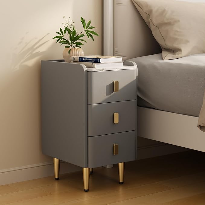 AQIMUELE Narrow Nightstand with Drawers, Narrow Side Table Leather, Small Bedside Tables for Bedroom. (Dark Gray) by AQIMUELE