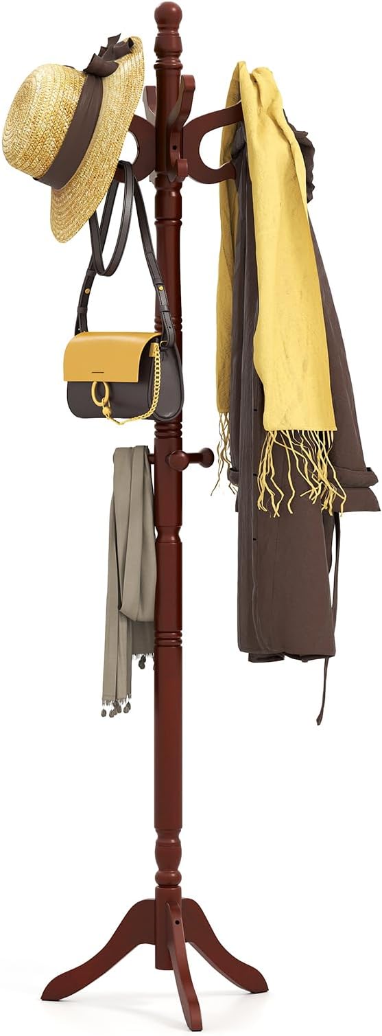 Tangkula Coat Rack Freestanding, Solid Rubber Wood Coat Tree with 11 Hooks and 3 Height Options for Coats, Hats, Bags, Purses, Clothes, Hanger Stand for Entryway Hallway Bedroom Office (Reddish Brown) by TANGKULA