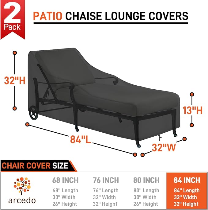 Arcedo Patio Lounge Chair Cover 2 Pack, Waterproof Outdoor Chaise Lounge Covers for Outdoor Furniture and Outside Stackable Cushions, 84" x 32" x 32" H, Black - Image 2