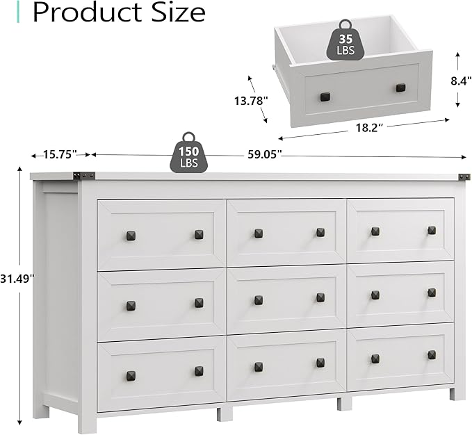 Dresser for Bedroom with 9 Drawers, Farmhouse Wood Chest of Drawers, Wide TV Stand Closet Storage Furniture with Metal Handle, Modern Clothes Organizer for Hallway, Living Room, Entryway, White - Image 3