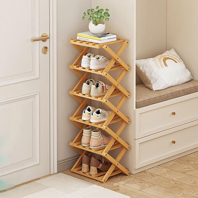 YYW Shoe Rack, Foldable Bamboo Shoes Shelf, Freestanding Shoe Storage Organiser for Entryway, Hallway, Bedroom, Closet (Wood Color, 6 Layers) by YYW