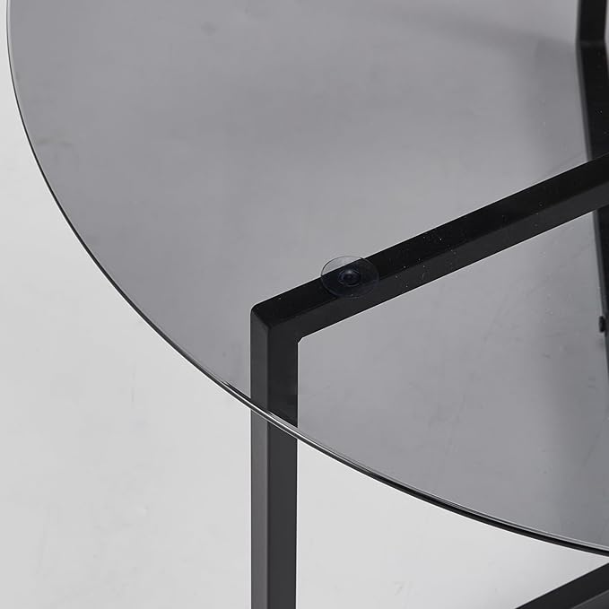 Round Coffee Table, 35.4 Inch Circle Glass Top Center Table with Iron Legs, Modern Minimalist Design for Living Room, Office (Black Top)
