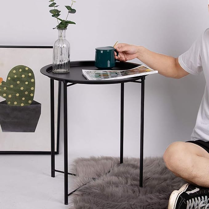 VECELO Side/End Table, Folding Round Metal Anti-Rust and Waterproof Outdoor or Indoor Tray for Living Room Bedroom Balcony and Office, 1 PCS, Black - Image 5