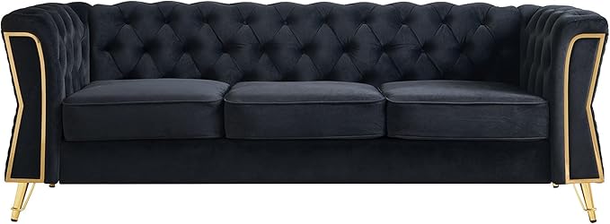 KEIKI 87" Chesterfield Velvet Button Tufted Sofa with High Density Foam Cushions, Modern Style 3-Seater Couch with Gold Strip Trim Decoration, Easy Assembly, for Apartment, Living Room, Office, Black