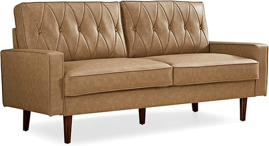 Container Furniture Modern Style Faux Leather Sofa with Elegant Round Tapered Legs and Button Tufted Backrest Perfect for Living Room, Bedroom or Home Office, 69.3’’ Wide, Camel