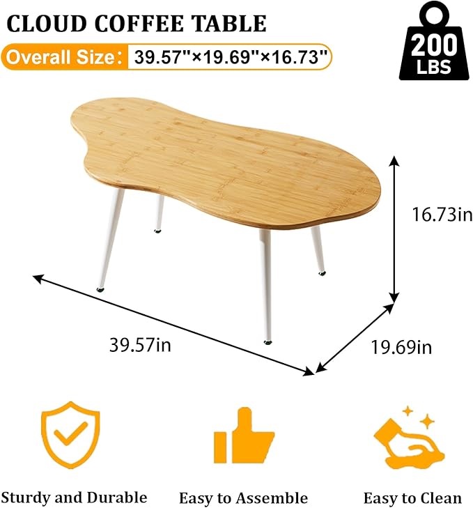 Cloud Coffee Table- Cute Tea Tables with Natural Bamboo, Solid Wood Coffee Tables, Modern Accent Sofa Center Table for Living Room & Office