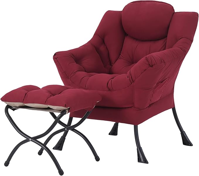 Lazy Chair and Ottoman, Large Burgundy Accent Chair with a Side Pocket, Modern Leisure Upholstered Reading Armchair with Footrest for Office, Bedroom, Living Room, Dorm Rooms, Balcony