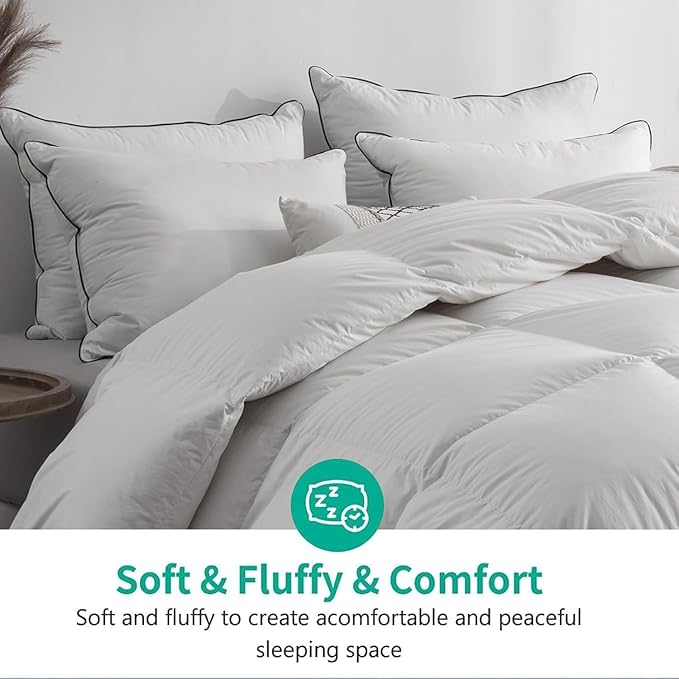 APSMILE Heavyweight Feather Down Comforter Oversized King Size - 100% Organic Cotton Quilted Thicker Winter Warmest Duvet Insert for Colder Weather/Sleepers (120x98, Ivory White)