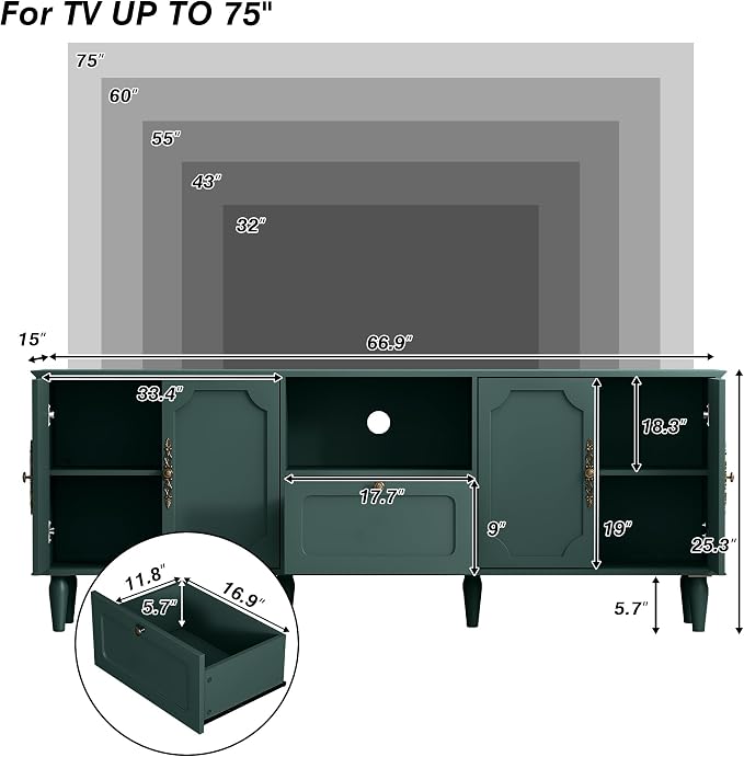 Mid-Century Modern TV Stand for 75+ inch TVs, 67" Entertainment Center with Storage Drawer, Long Media Console with Adjustable Shelves, Wood TV Cabinet for Living Room, Bedroom, Green - Image 2