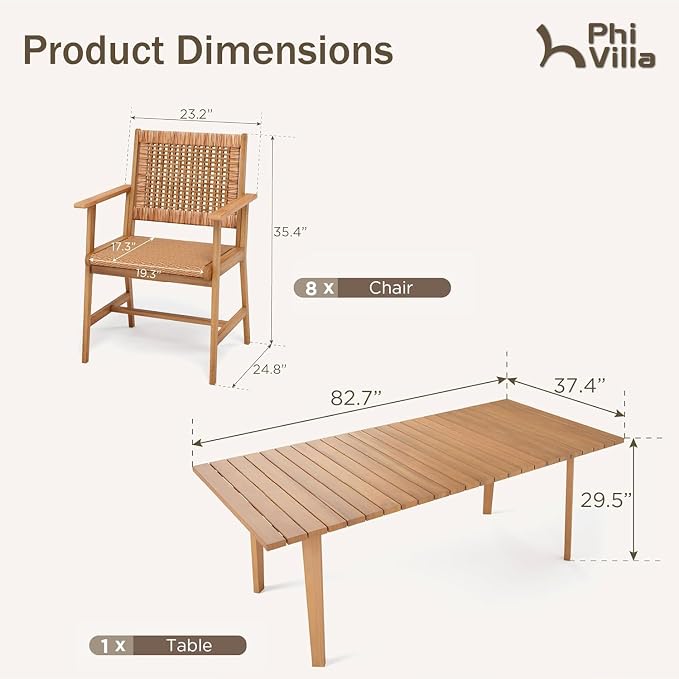 PHI VILLA 9 Pieces Acacia Wood Outdoor Dining Set for 8, Teak Rectangle Wooden Table & Chairs with Wicker Seat and Back, Farmhouse Dining Furniture Set for Patio, Deck, Yard, Porch - Image 8