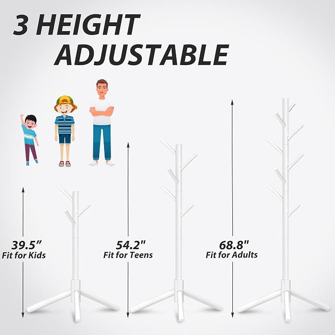 Unisakey Durable Wooden Coat Rack, Freestanding Coat Rack with Stable Triangular Base, 8 Hooks & 3 Adjustable Heights, Simple Assembly for Bedroom, Hallway, Office(New White) - Image 7