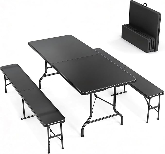 VINGLI Picnic Table Set with 2 Benches, 6 Feet Camping Table Chair Set, 3-Piece Folding Furniture for Indoor or Outdoor Use, Tree Patterned HDPE Tabletop, Black by VINGLI