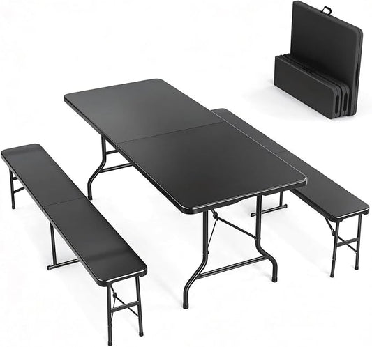 VINGLI Picnic Table Set with 2 Benches, 6 Feet Camping Table Chair Set, 3-Piece Folding Furniture for Indoor or Outdoor Use, Tree Patterned HDPE Tabletop, Black by VINGLI