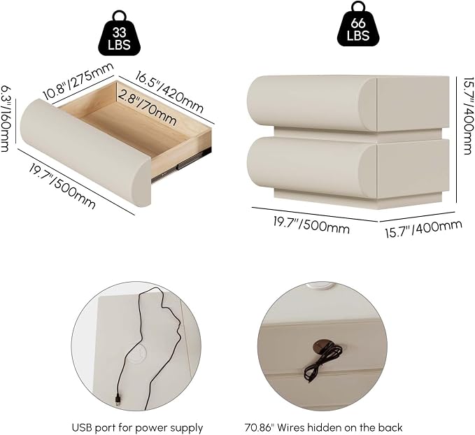 homary Smart Nightstands Set of 2 with Wireless Charging Station, USB & Type-C Ports, Faux Leather White Night Stands Modern Bedside Tables for Bedroom Storage, Fully Assembled - Image 2