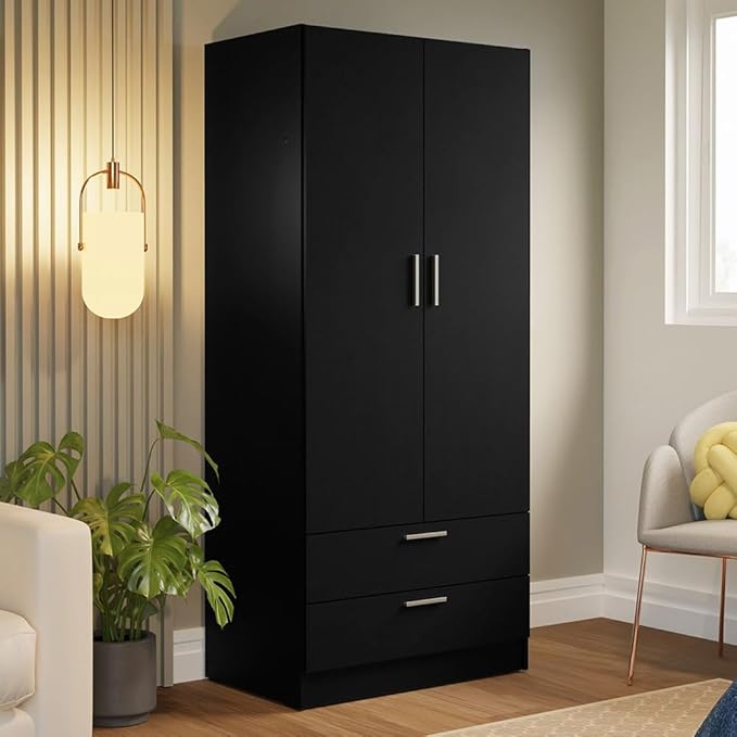 Madesa 2 Door 2 Drawer Storage Cabinet Wardrobe with Shelf and Hanging Space 31" L Wooden Armoire Closet Organization Unit for Bedroom and Office - Black