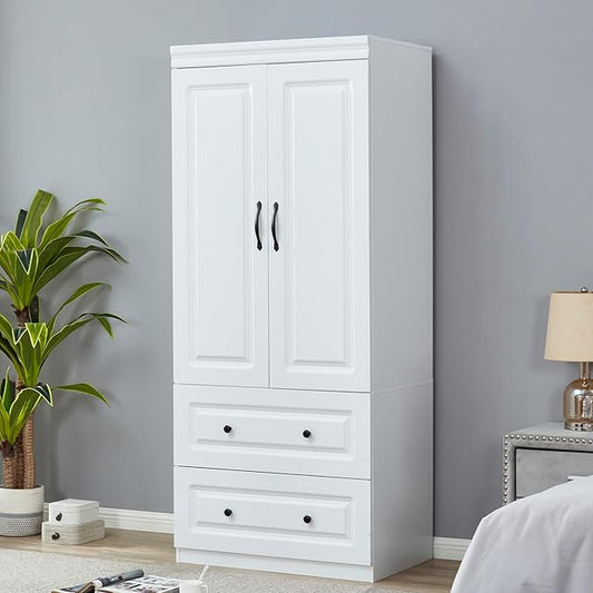 Wooden Armoire Wardrobe Closet：Modern Armoire Wardrobe Closet with 2 Doors, 2 Drawers and Hanging Rods for Tall Cabinet, Large Capacity Clothes Storage Cabinet for Bedroom Home, White