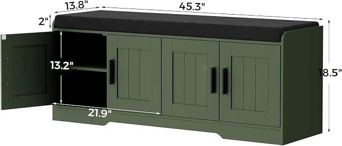 Homleke 2-Tier Storage Bench, Shoe Bench with Thickened Padded Seat Cushion, Entryway Bench with 4 Doors, Adjustable Shelf, 13.8" D x 45.3" W x 18.5" H, for Entryway, Living Room, Bedroom, Green - Image 2
