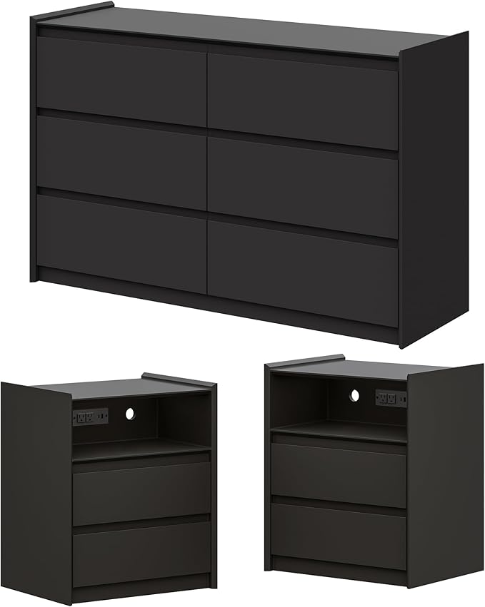Modern 3PCS Bedroom Furniture Set with 6-Drawer Storage Dresser and 2 Nightstands, Raised Edge, USB & Type-C Ports, AC Outlets, and Open Shelf for Bedroom or Apartments, Black