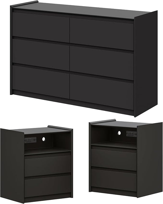 Modern 3PCS Bedroom Furniture Set with 6-Drawer Storage Dresser and 2 Nightstands, Raised Edge, USB & Type-C Ports, AC Outlets, and Open Shelf for Bedroom or Apartments, Black