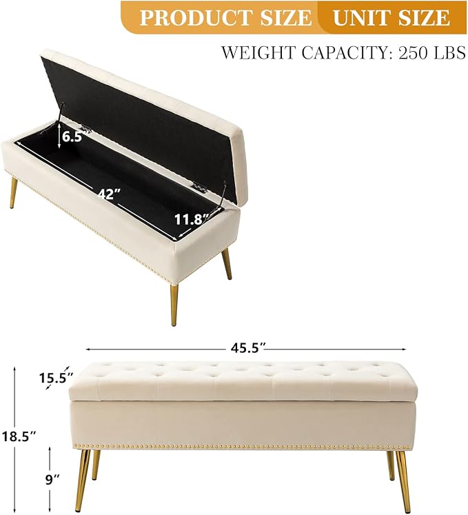 HULALA HOME Modern Velvet Storage Ottoman Bench with Gold Base & Nailhead Trim, Upholstered Bedroom Bench for End of Bed, Button-Tufted Footstool for Entryway Living Room Dining Room, Tan - Image 2