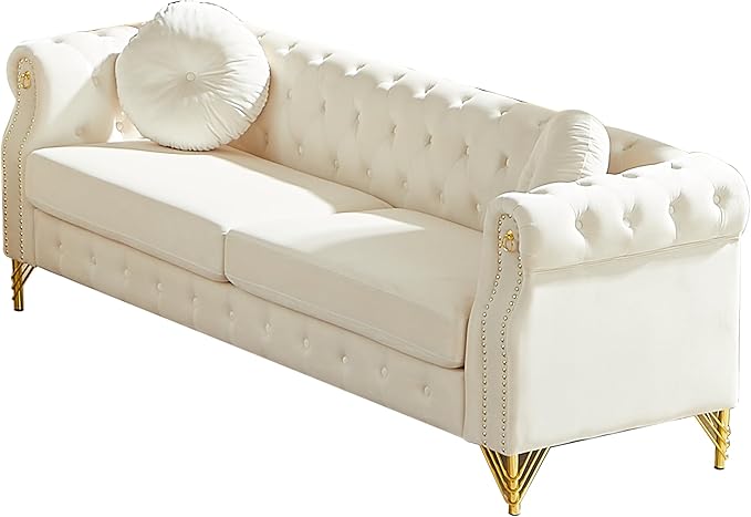 ERYE 82-Inch Button Tufted Sofa Couch with 2 Round Pillows, 3 Seat Velvet Tufted Sofa Spacious Chesterfield Loveseat Couches W/Nailhead Decor,Ring Accent & Golden Legs
