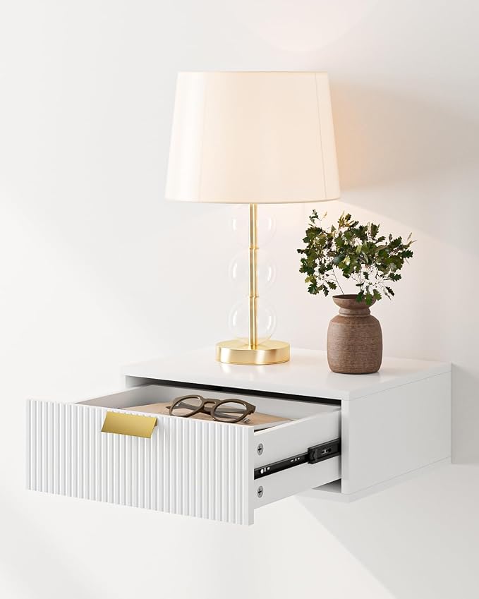 Aienvey Floating Nightstand, Floating Shelf with Drawer, Wall Mounted Nightstand, Floating Bedside Table (White Stripe) - Image 4