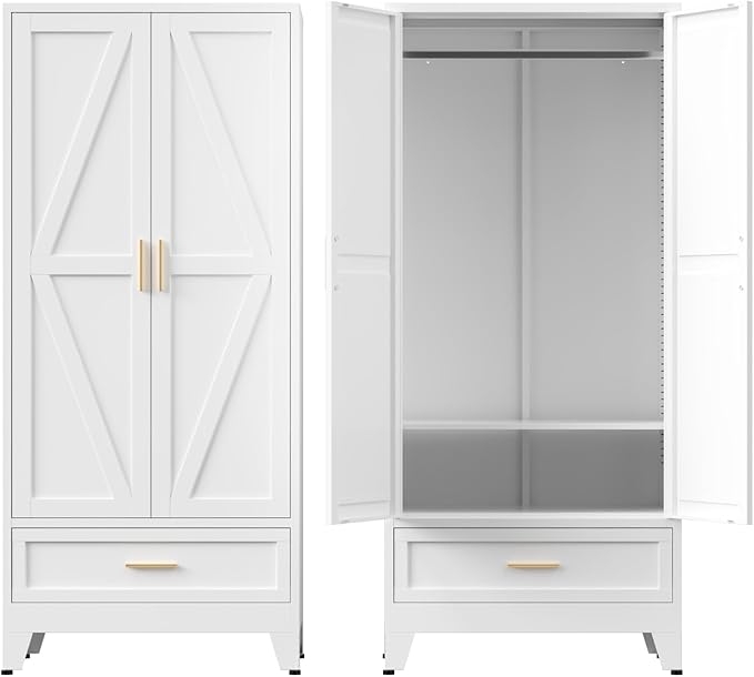 COFaR Metal Armoire Wardrobe Closet with Drawer, 71'' Tall Farmhouse Bedroom Armoires with Doors and Hanging Rod, Freestanding Steel Wardrobe Cabinet Coat Closet for Bedroom Home Office, White