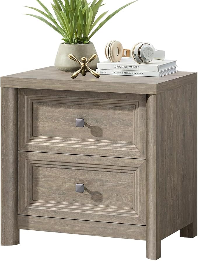 Grey Nightstand Rustic Wood Night Stand for Bedroom Living Room Sofa Couch, Farmhouse Nightstand with 2 Drawers, 22.8” Wide Large Bed Side Table, Bedside End Table with Metal Knob, Gray Color by StandifurnoFurniture