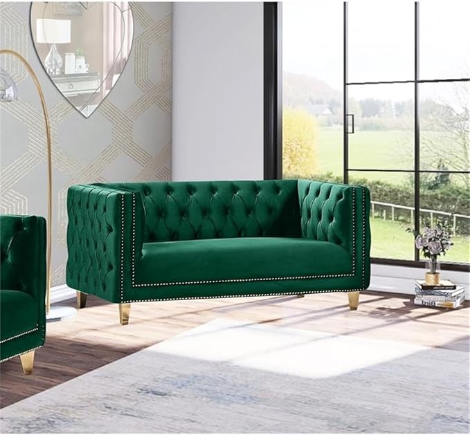 Meridian Furniture 652Green-L Michelle Collection Modern | Contemporary Loveseat with Deep Button Tufting, Gold Nailhead Trim and Sturdy Gold Iron Legs, Green Velvet, 66" W x 34" D x 30" H