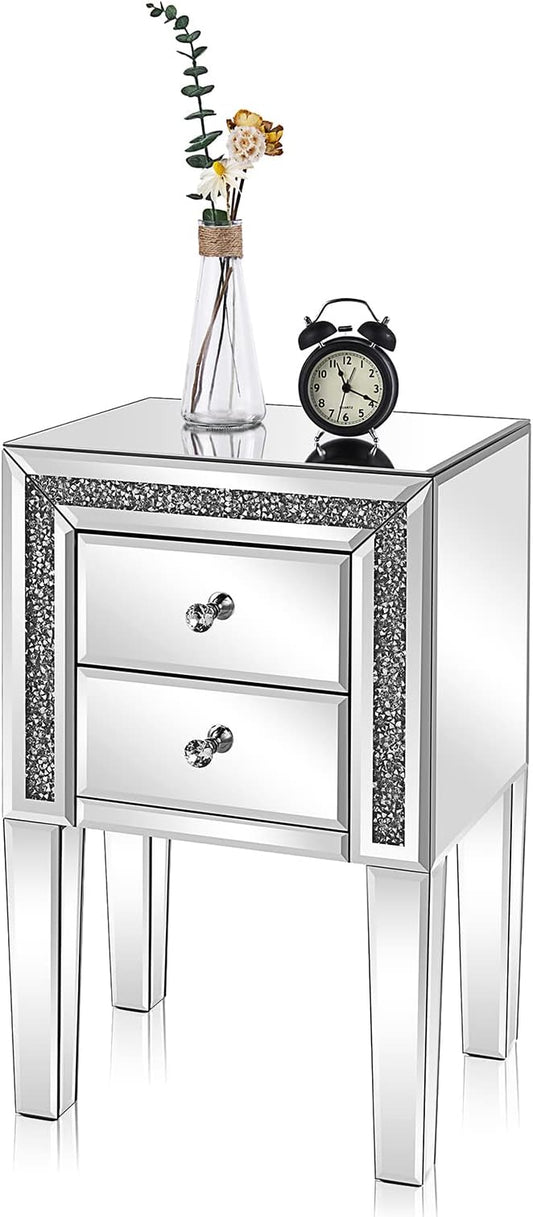 VINGLI Mirror Nightstand with Drawer, Silver Mirrored Glass End Table, Crushed Diamond Glitter for Small Spaces/Bedroom/Living Room by VINGLI
