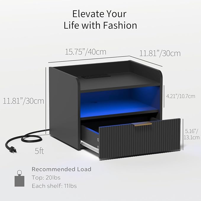 Veegle White Floating Nightstand with Charging Station and LED Lights (Black) - Image 2