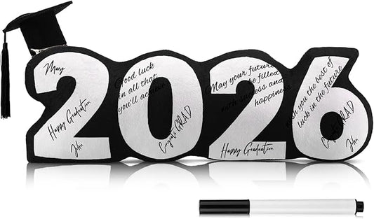 Beeveer Class of 2026 Autograph Stuffed Pillow 15.7" Graduation Autograph Stuffed Pillow Graduation Guest Signature Gifts Grad Party Sign in Decor for High School College(Black,Classic)