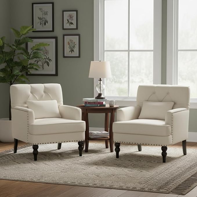 HUIMO Tufted Club Chair Set of 2 with Lumbar Pillow,Accent Chair Upholstered Button Armchair, Linen Fabric Sofa Chairs for Bedroom, Living Room, Mid Century Modern Reading Chair,Beige