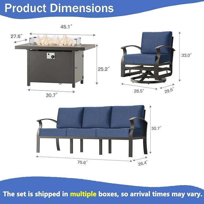 Aluminum Outdoor Patio Furniture Set,4 Pieces 5 Seats Patio Conversation Sets with 45" Propane Fire Pit Table,Metal Patio Sectional Furniture Set with 2 Swivel Rocking Chairs,Navy Blue