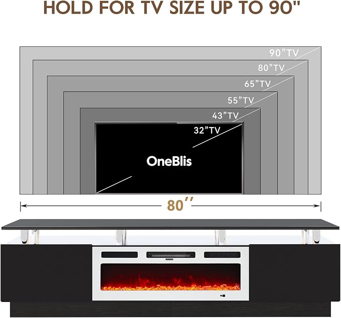 80" TV Stand for Living Room, Modern Entertainment Center & Media Console, Fits TVs up to 80", Storage Cabinet with Shelves, 36" Electric Fireplace with LED Flame(Black+White) - Image 6