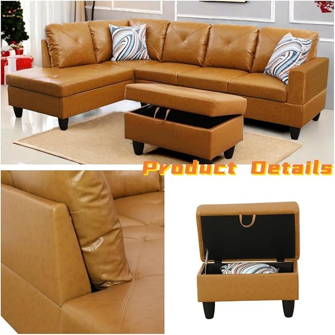 FONTOI L Shaped Sectional Couch with Otttoman, 97" Leather Sectional Sofa for Living Room Modular Couches with Cup Holders for Bedroom, Apartments, Ginger