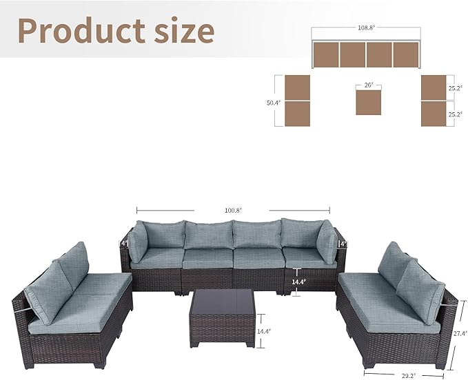 CHABATREE 9 Pieces Outdoor Patio Furniture Sets,Rattan Conversation Sectional Set,Manual Weaving Wicker Patio Sofa with Tea Table