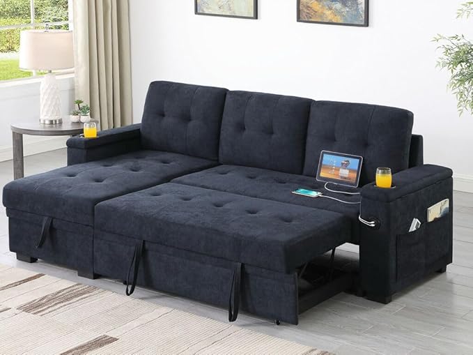 ERYE 84-Inch Multifunctional L-Shaped Sleeper Sectional Sofa with Reversible Storage Chaise, Tufted Corner Pull Out Sleeper Couch Bed W/Cupholders,USB-C Ports and Storage Armrests