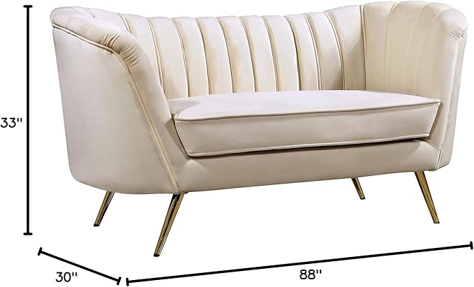 Meridian Furniture Margo Collection Modern | Contemporary Velvet Upholstered Loveseat with Deep Channel Tufting and Rich Gold Stainless Steel Legs, Cream, 65" W x 30" D x 33" H