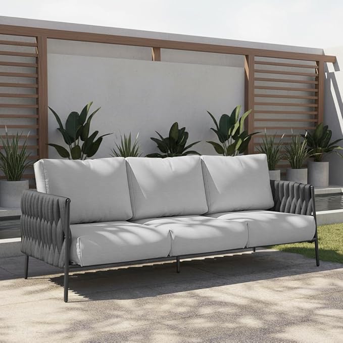 East Oak Patio Furniture Set, 4-Piece Outdoor Patio Set with Sofa, Removable & Washable Deep Seating Cushion, Tempered Glass Table, Outside Patio Conversation Sets, 25 Upgraded, Light Gray & Black